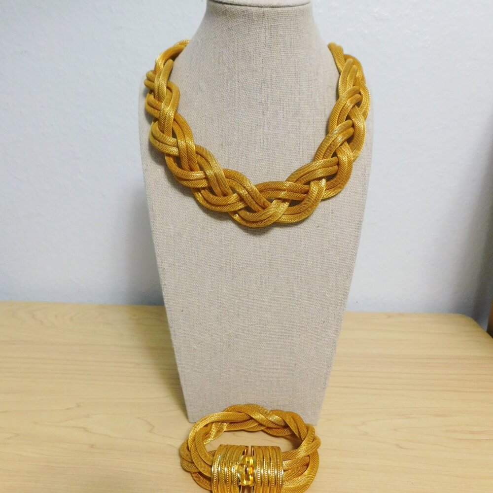 Vintage Gold Tone Double Stranded Mesh Braided Statement Necklace & Brac…